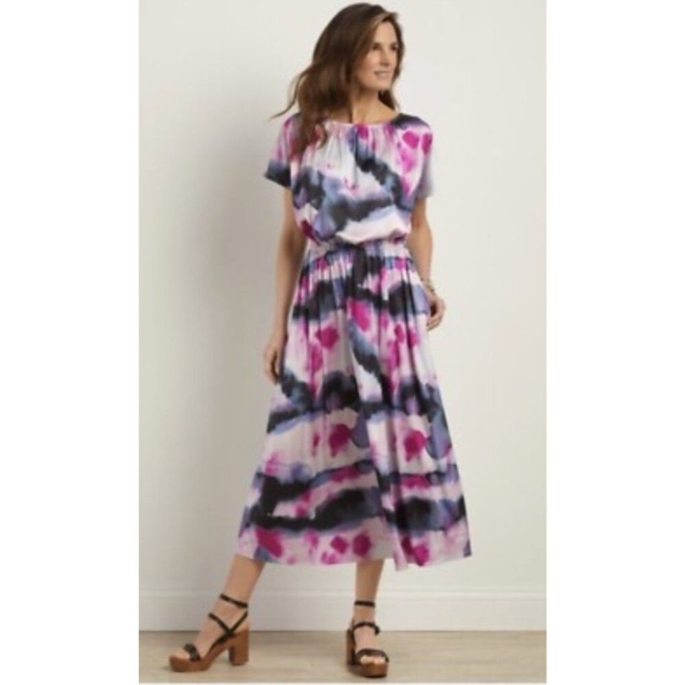 Soft Surroundings Midi Dress S Small Faux Silk Short Sleeve Washable Flowy